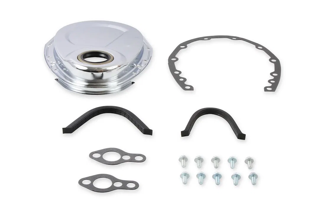 4590 – MR GASKET Timing Cover, One Piece Style Chrome Plated Steel With Gaskets With Bolts